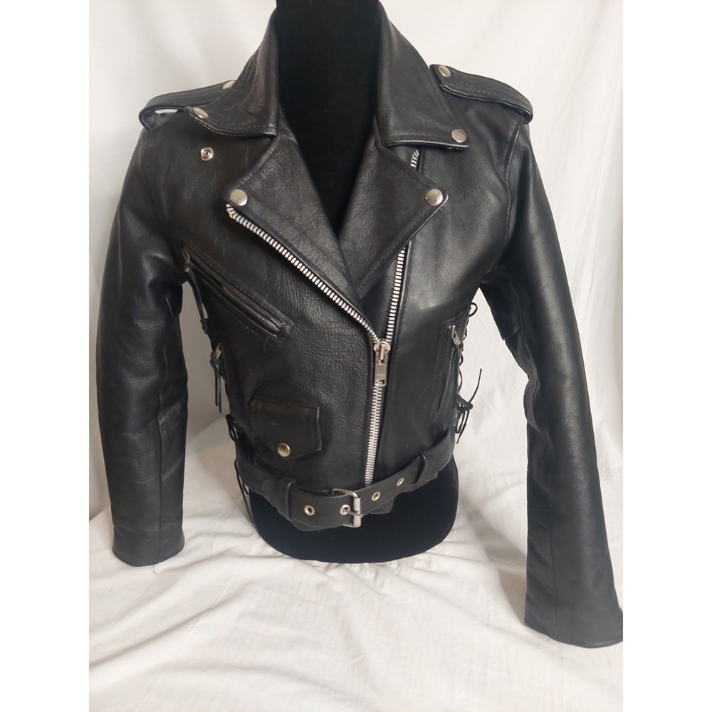 A-1 Vintage Black Leather Biker Jacket  Medium Rock Core 1950s 1960s 1980s Style - Picture 15 of 16